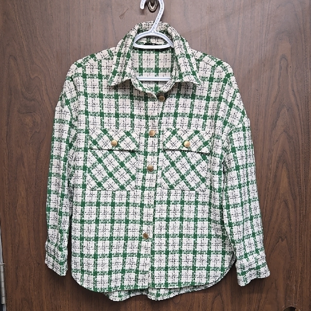 LCW Vision Size XS-S White Green Black Tweed Wool Blend Woven Shirt